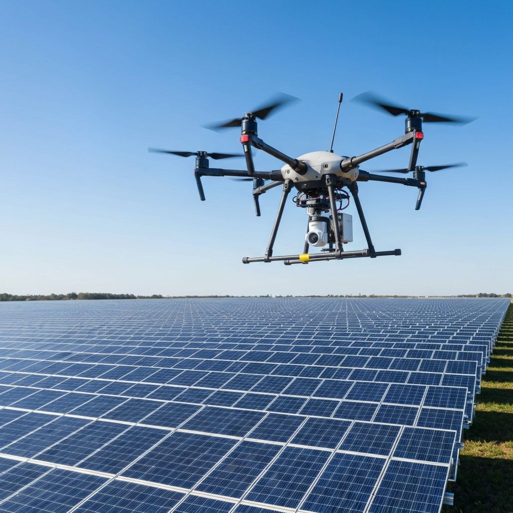 Drons veic saules paneļu inspekciju